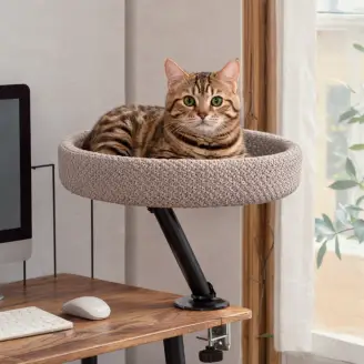 Gray Desktop Cat Bed - Round Desk Nest (Adjustable Height)